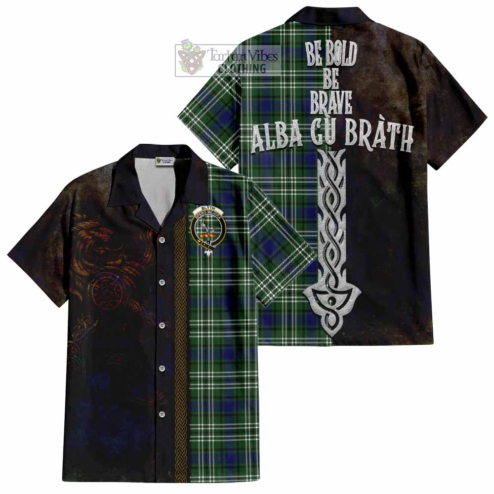 Tartan Vibes Clothing Blyth Tartan Family Crest Short Sleeve Button Shirt Alba Gu Brath Be Brave Lion Ancient Style