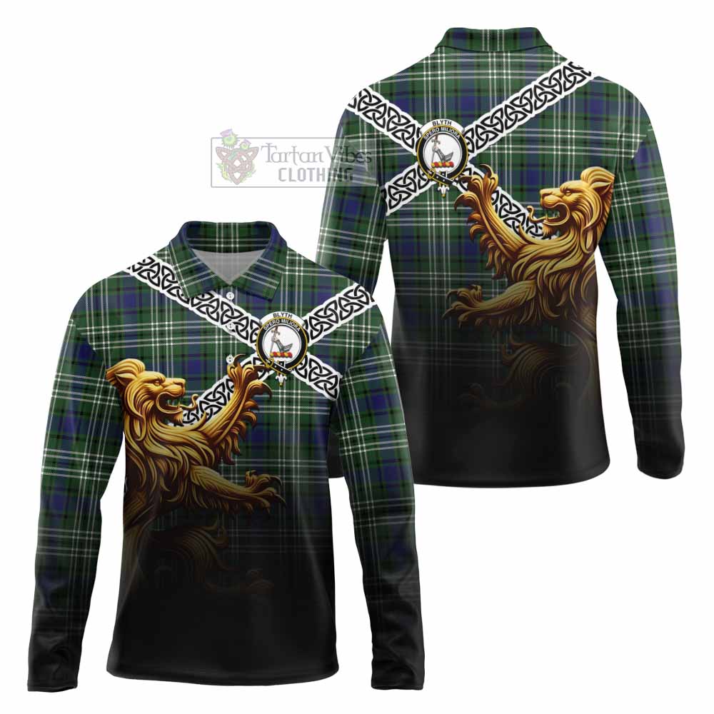Blyth Crest Tartan Long Sleeve Polo Shirt with Golden Lion Emblem Celtic Style - Tartan Vibes Clothing