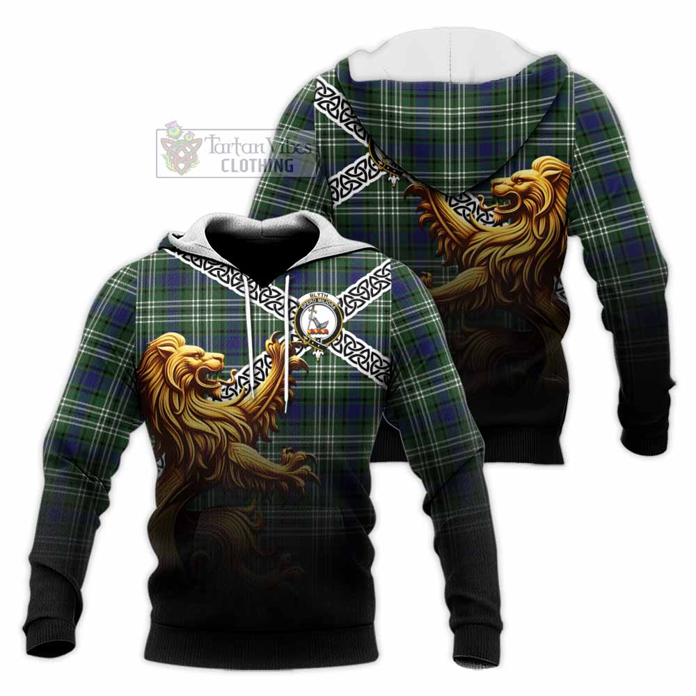 Blyth Crest Tartan Knitted Hoodie with Golden Lion Emblem Celtic Style - Tartan Vibes Clothing