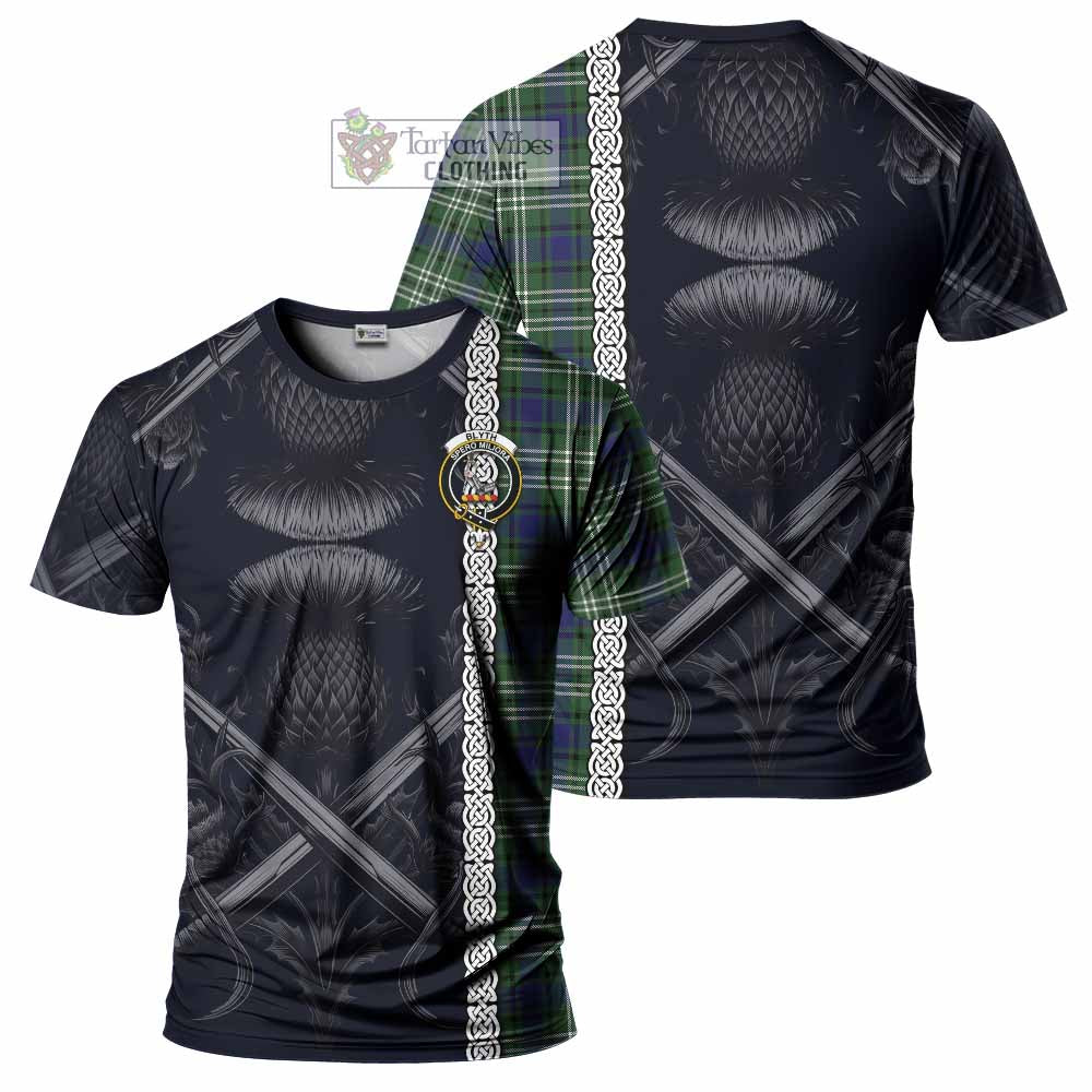 Blyth Tartan T-Shirt with Family Crest Cross Sword Thistle Celtic Vibes - Tartan Vibes Clothing