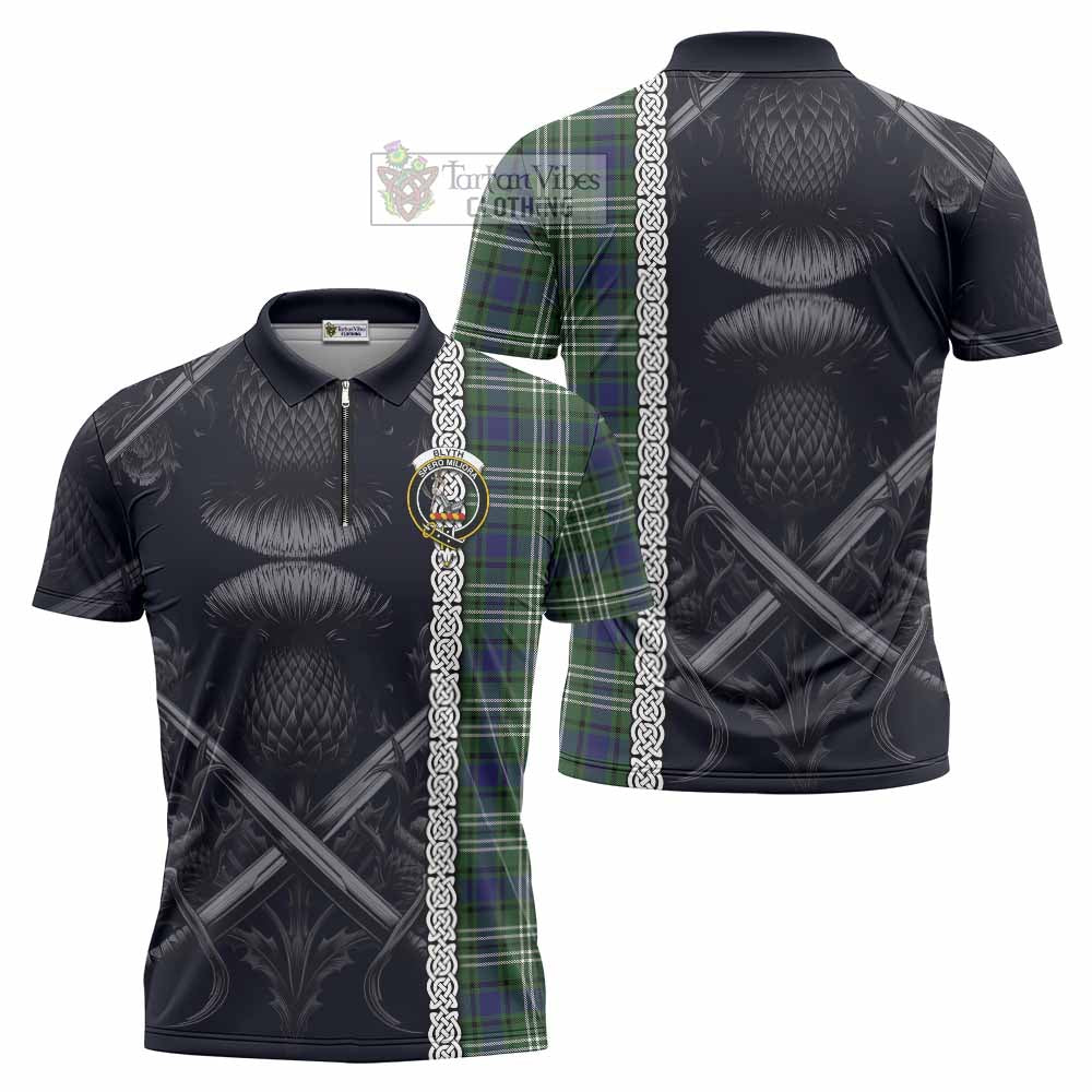 Blyth Tartan Zipper Polo Shirt with Family Crest Cross Sword Thistle Celtic Vibes - Tartan Vibes Clothing