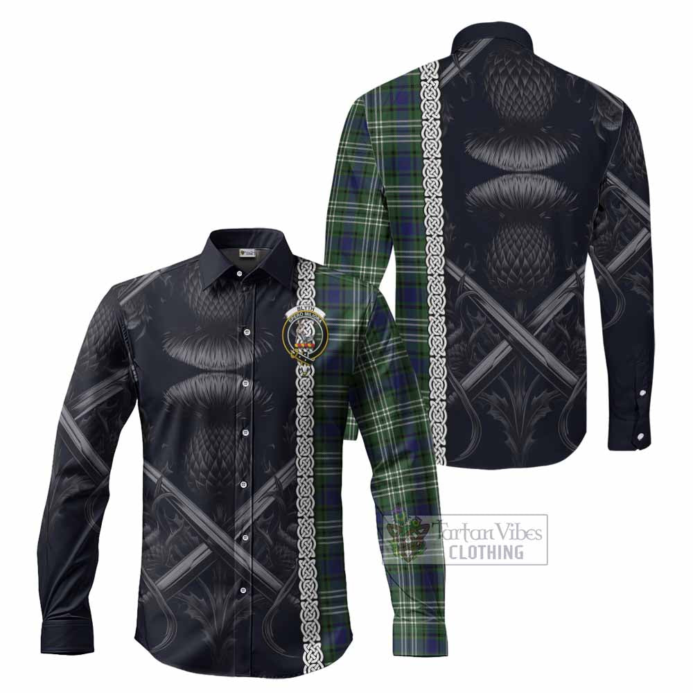 Tartan Vibes Clothing Blyth Tartan Long Sleeve Button Shirt with Family Crest Cross Sword Thistle Celtic Vibes