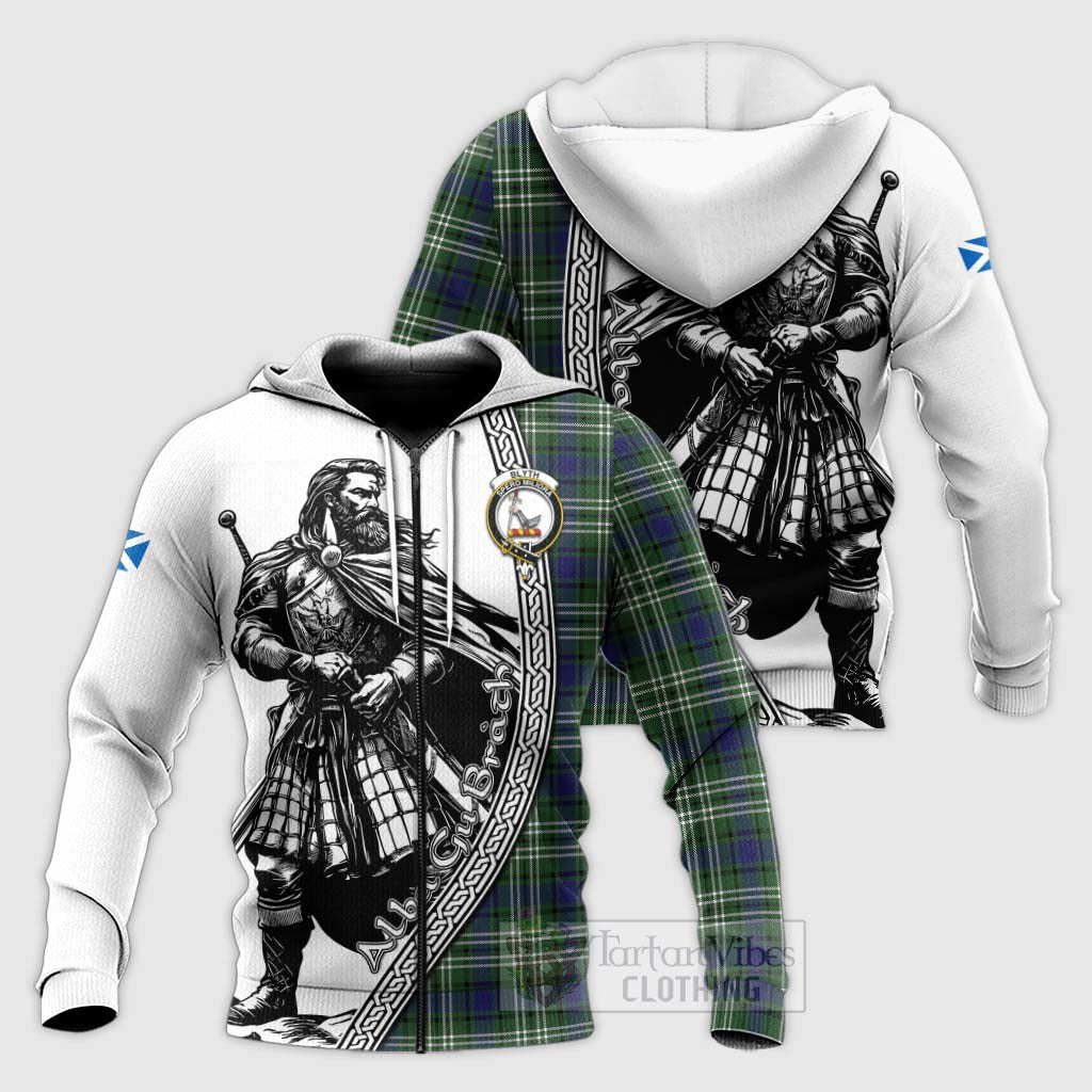 Blyth Tartan Clan Crest Knitted Hoodie with Highlander Warrior Celtic Style Unisex Knitted Zip Hoodie - Tartan Vibes Clothing