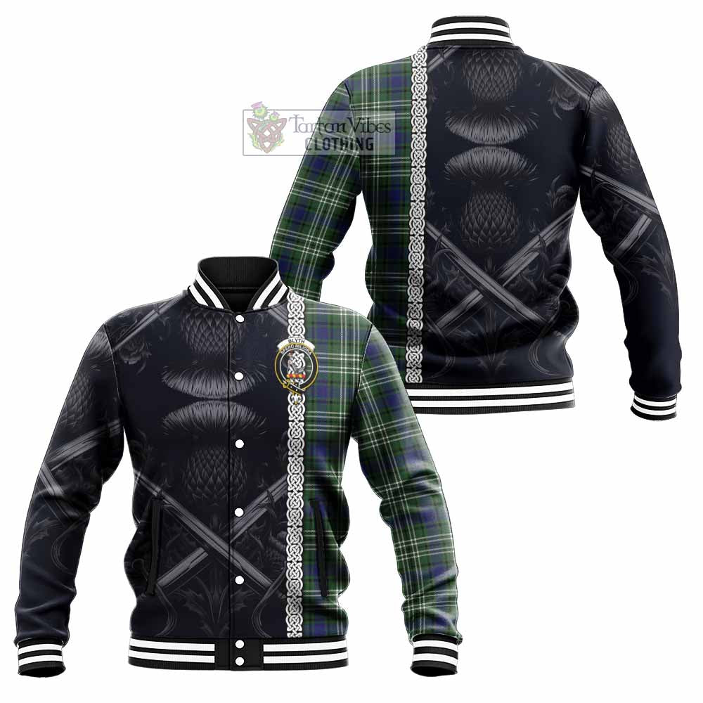 Blyth Tartan Baseball Jacket with Family Crest Cross Sword Thistle Celtic Vibes - Tartan Vibes Clothing