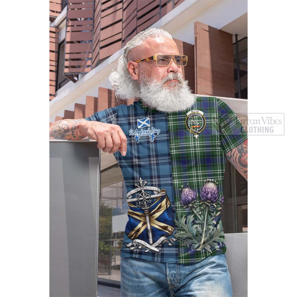 Blyth Tartan Cotton T-shirt Happy St. Andrew's Day Half Tartan Style - Tartan Vibes Clothing