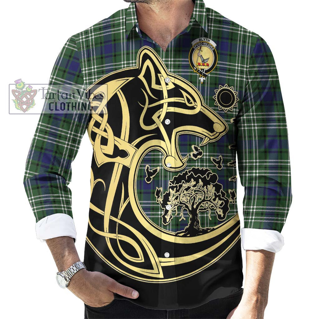 Blyth Tartan Long Sleeve Button Shirt with Family Crest Celtic Wolf Style - Tartan Vibes Clothing