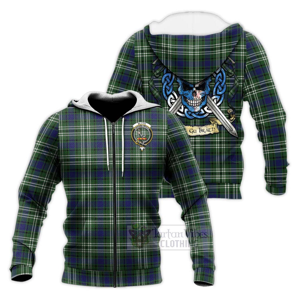 Blyth Tartan Knitted Hoodie with Family Crest Celtic Skull Style Unisex Knitted Zip Hoodie - Tartan Vibes Clothing