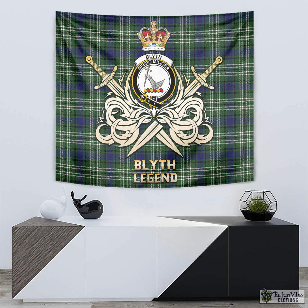 Tartan Vibes Clothing Blyth Tartan Tapestry with Clan Crest and the Golden Sword of Courageous Legacy