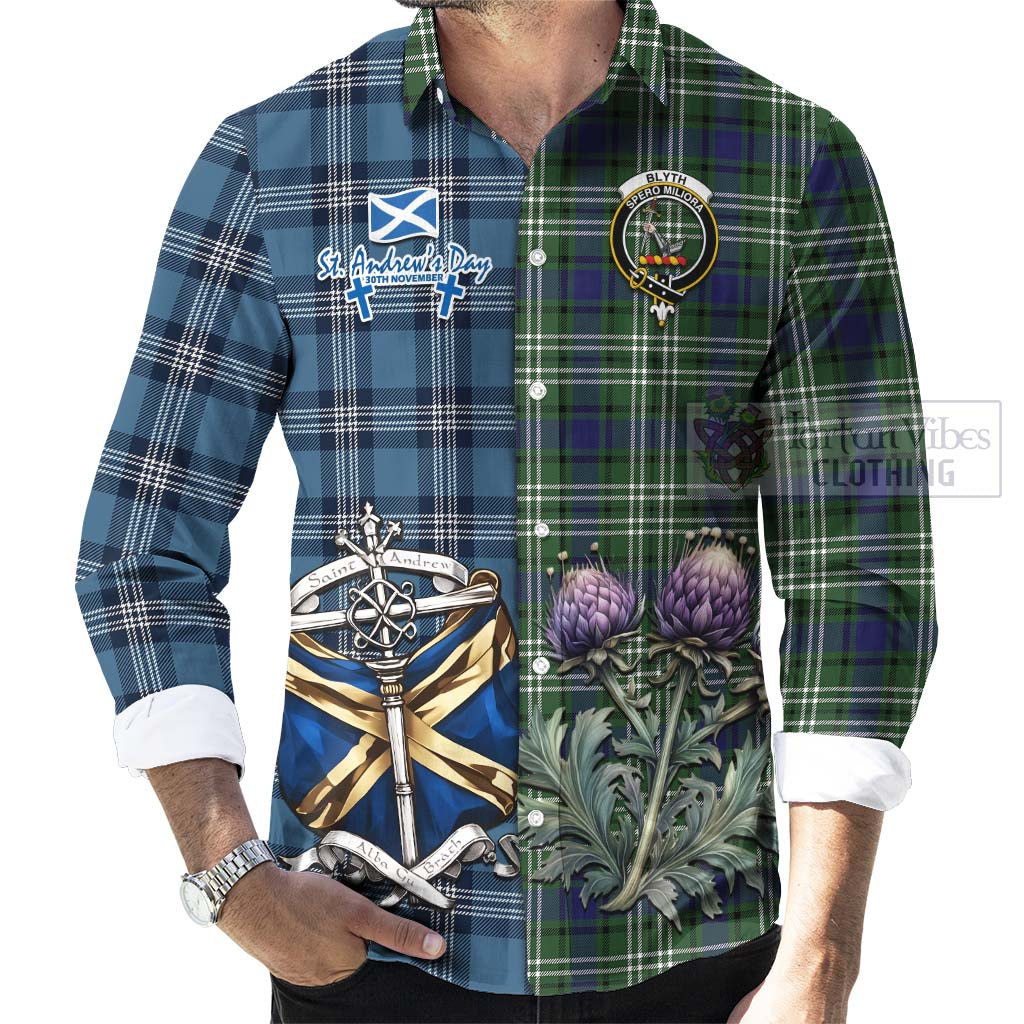 Blyth Tartan Long Sleeve Button Shirt Happy St. Andrew's Day Half Tartan Style - Tartan Vibes Clothing