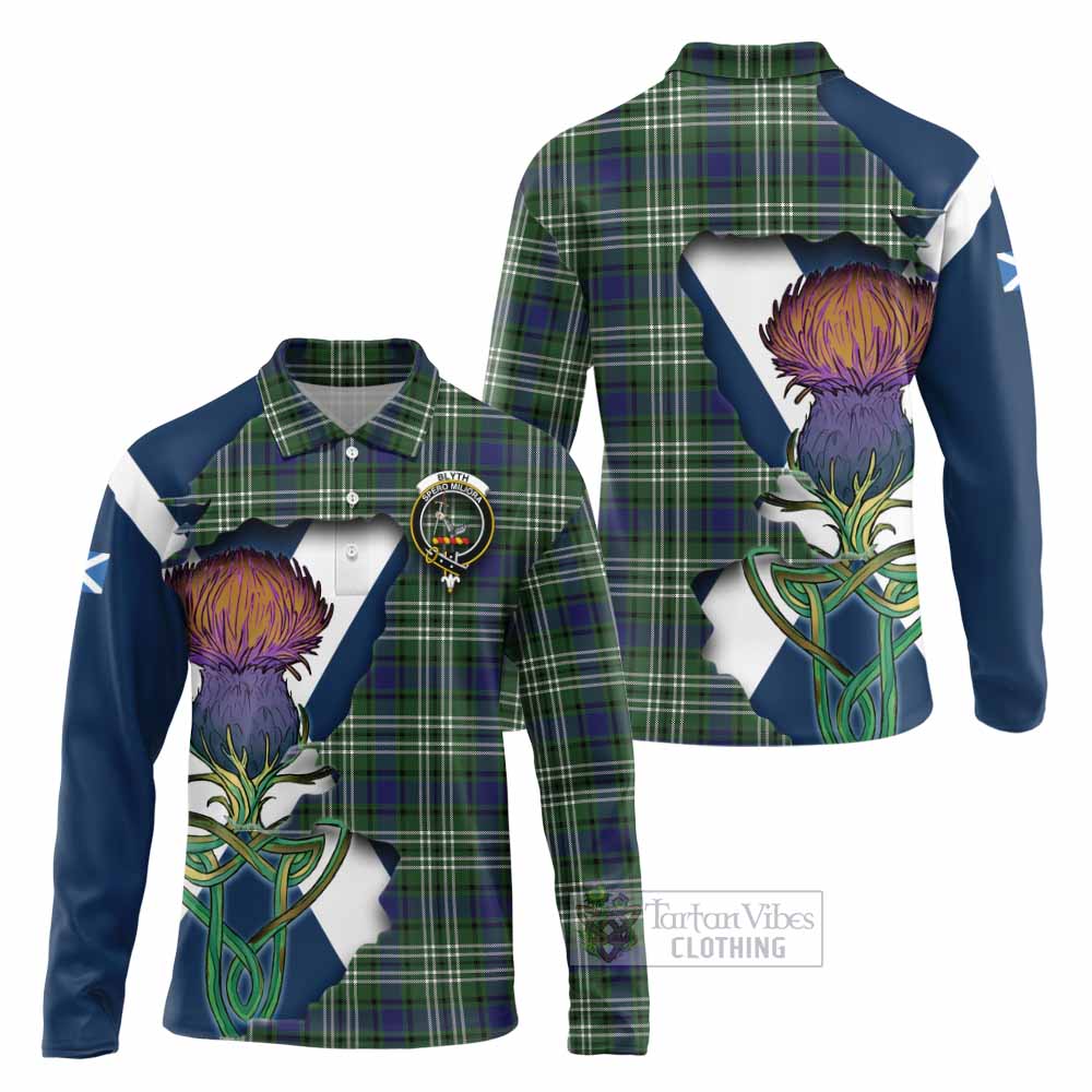 Tartan Vibes Clothing Blyth Tartan Family Crest Long Sleeve Polo Shirt Scottish Thistle Celtic Inspired