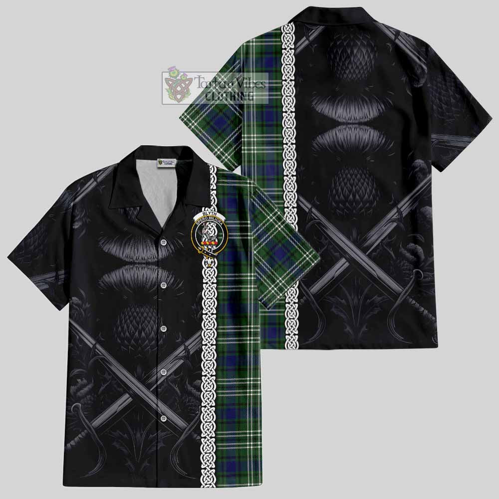 Blyth Tartan Hawaiian Shirt with Family Crest Cross Sword Thistle Celtic Vibes - Tartan Vibes Clothing