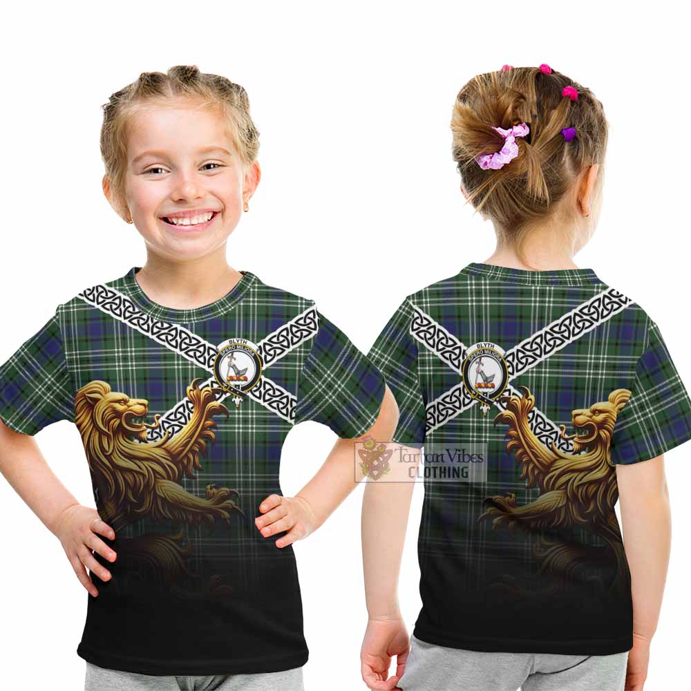 Tartan Vibes Clothing Blyth Crest Tartan Kid T-Shirt with Golden Lion Emblem Celtic Style