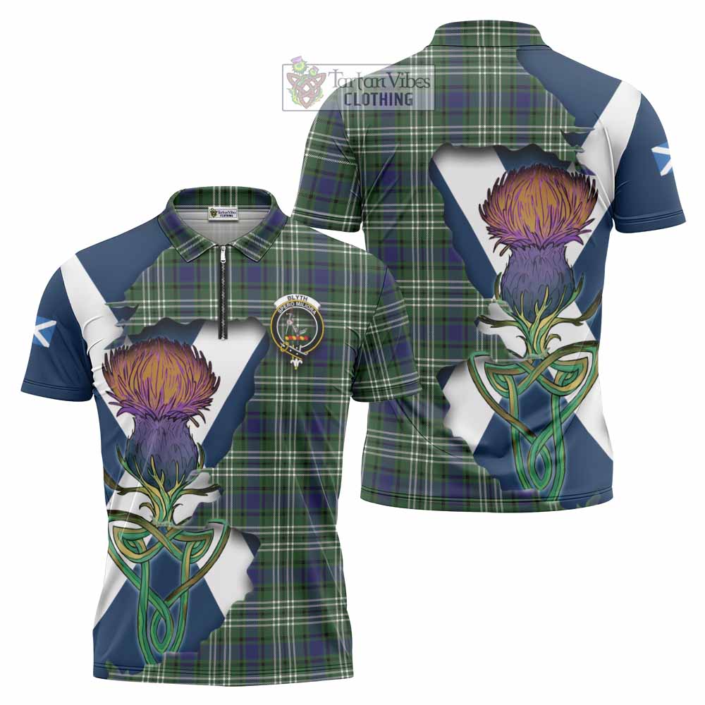 Tartan Vibes Clothing Blyth Tartan Family Crest Zipper Polo Shirt Scottish Thistle Celtic Inspired