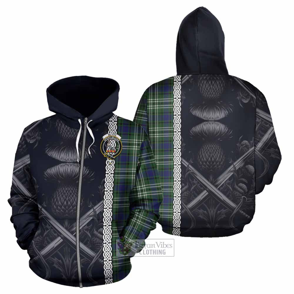Blyth Tartan Hoodie with Family Crest Cross Sword Thistle Celtic Vibes Zip Hoodie - Tartan Vibes Clothing