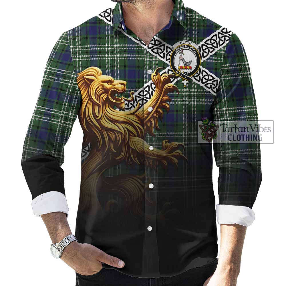 Blyth Crest Tartan Long Sleeve Button Shirt with Golden Lion Emblem Celtic Style - Tartan Vibes Clothing