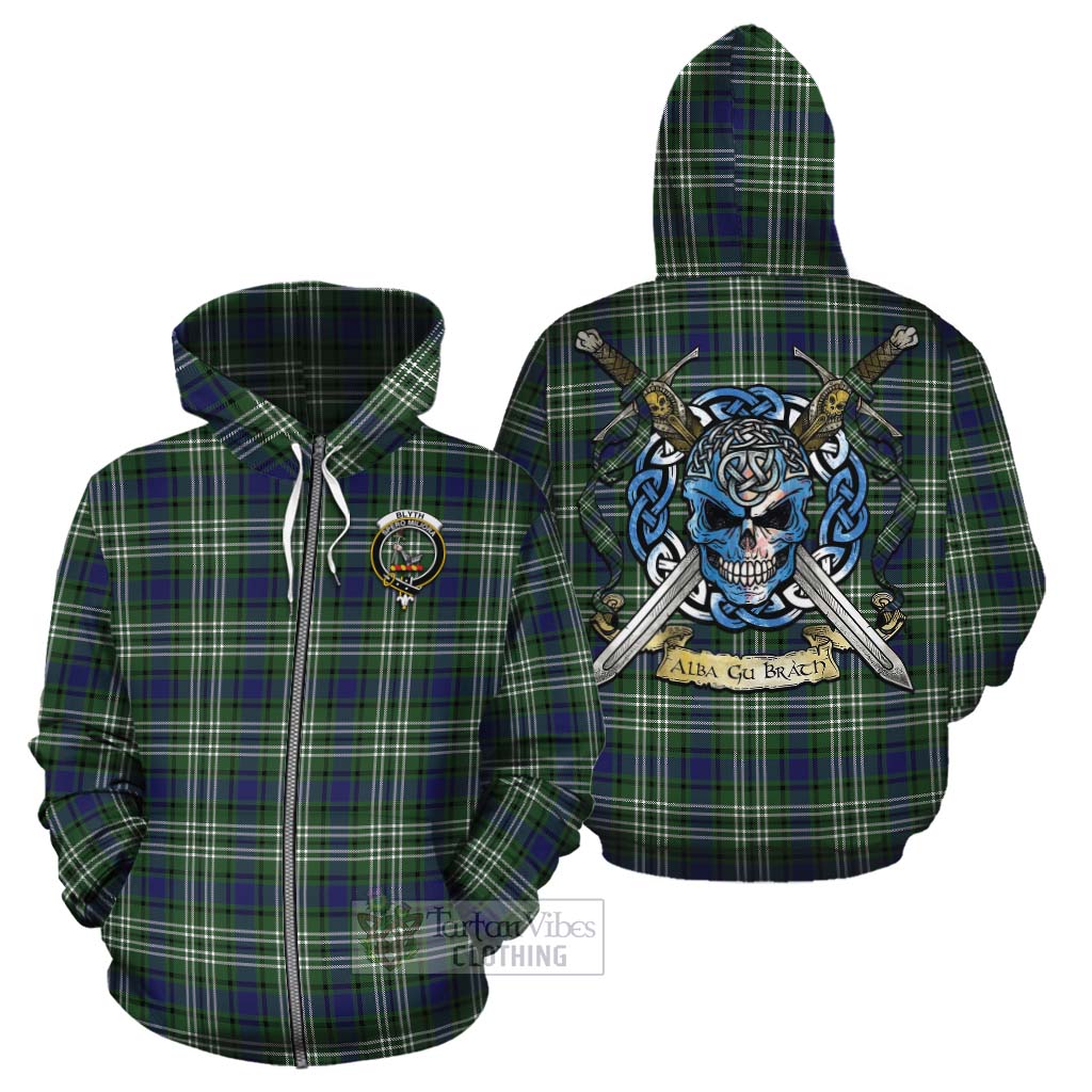 Blyth Tartan Cotton Hoodie with Family Crest Celtic Skull Style - Tartan Vibes Clothing