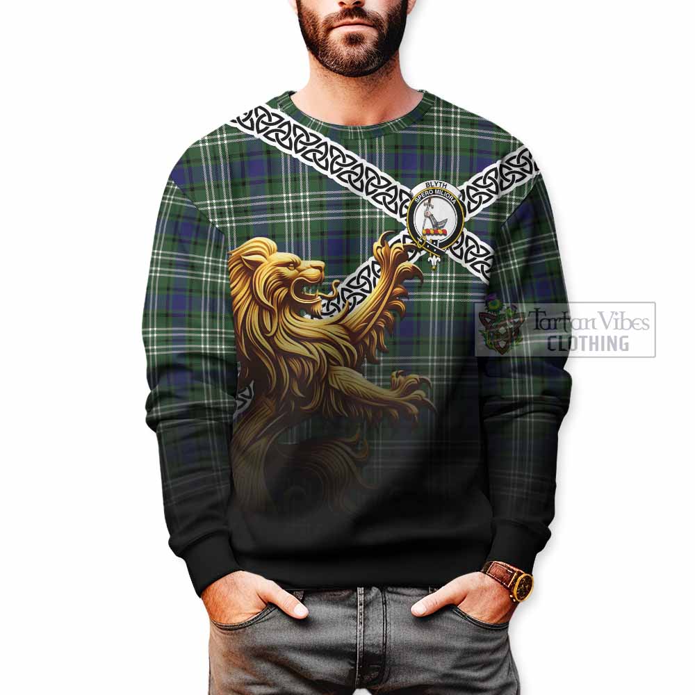 Tartan Vibes Clothing Blyth Crest Tartan Sweatshirt with Golden Lion Emblem Celtic Style