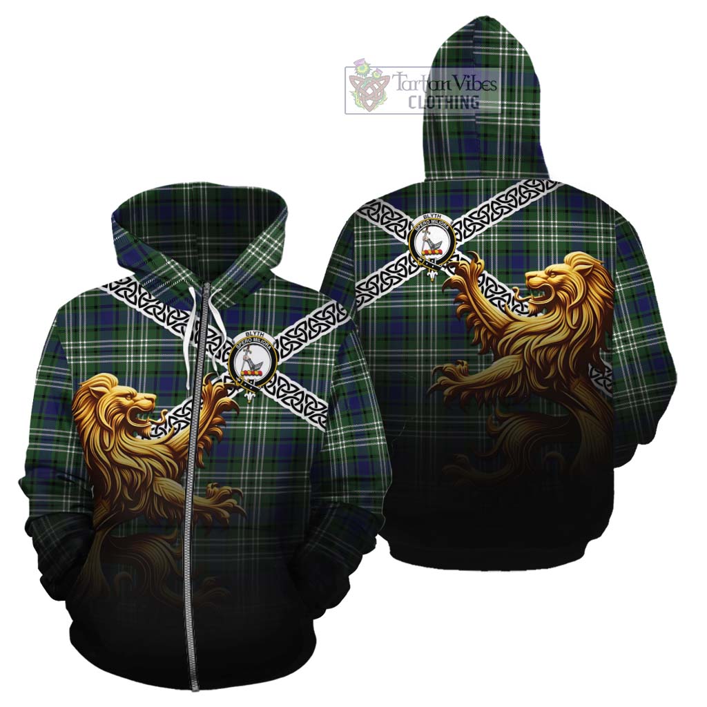 Blyth Crest Tartan Cotton Hoodie with Golden Lion Emblem Celtic Style Zip Hoodie - Tartan Vibes Clothing