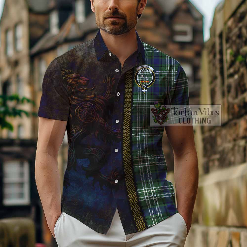 Tartan Vibes Clothing Blyth Tartan Family Crest Short Sleeve Button Shirt Alba Gu Brath Be Brave Lion Ancient Style