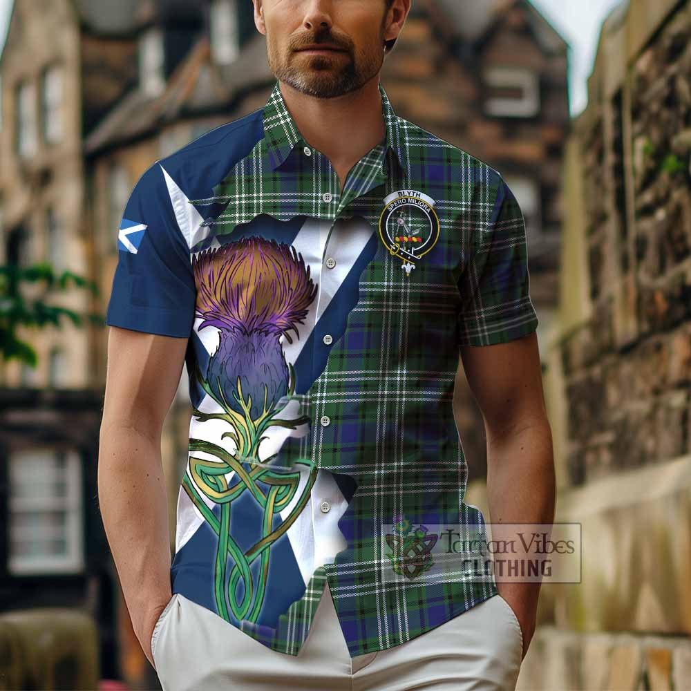 Tartan Vibes Clothing Blyth Tartan Family Crest Short Sleeve Button Shirt Scottish Thistle Celtic Inspired