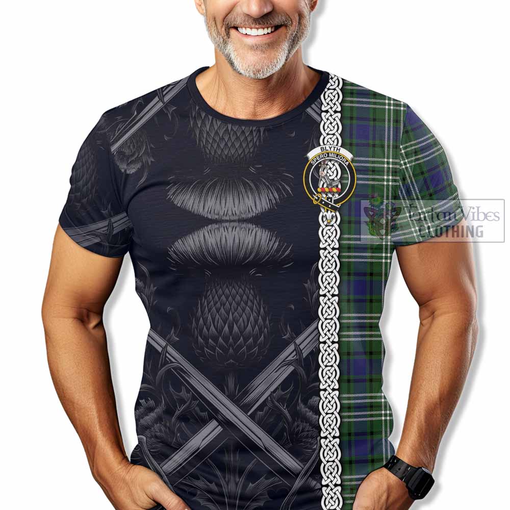Blyth Tartan T-Shirt with Family Crest Cross Sword Thistle Celtic Vibes - Tartan Vibes Clothing