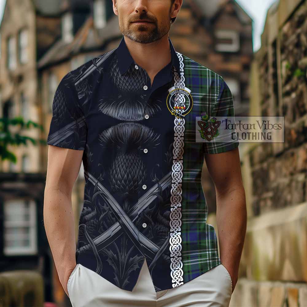 Blyth Tartan Hawaiian Shirt with Family Crest Cross Sword Thistle Celtic Vibes - Tartan Vibes Clothing