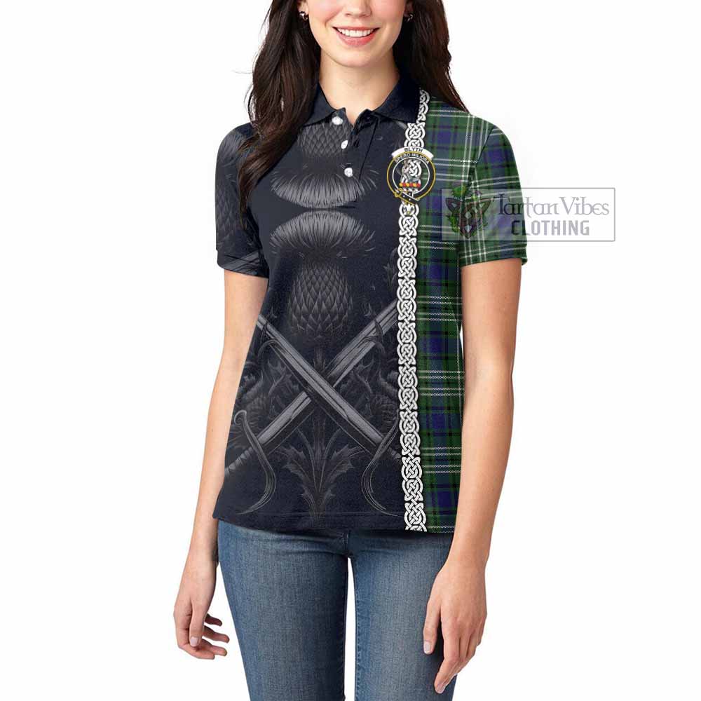 Tartan Vibes Clothing Blyth Tartan Women's Polo Shirt with Family Crest Cross Sword Thistle Celtic Vibes