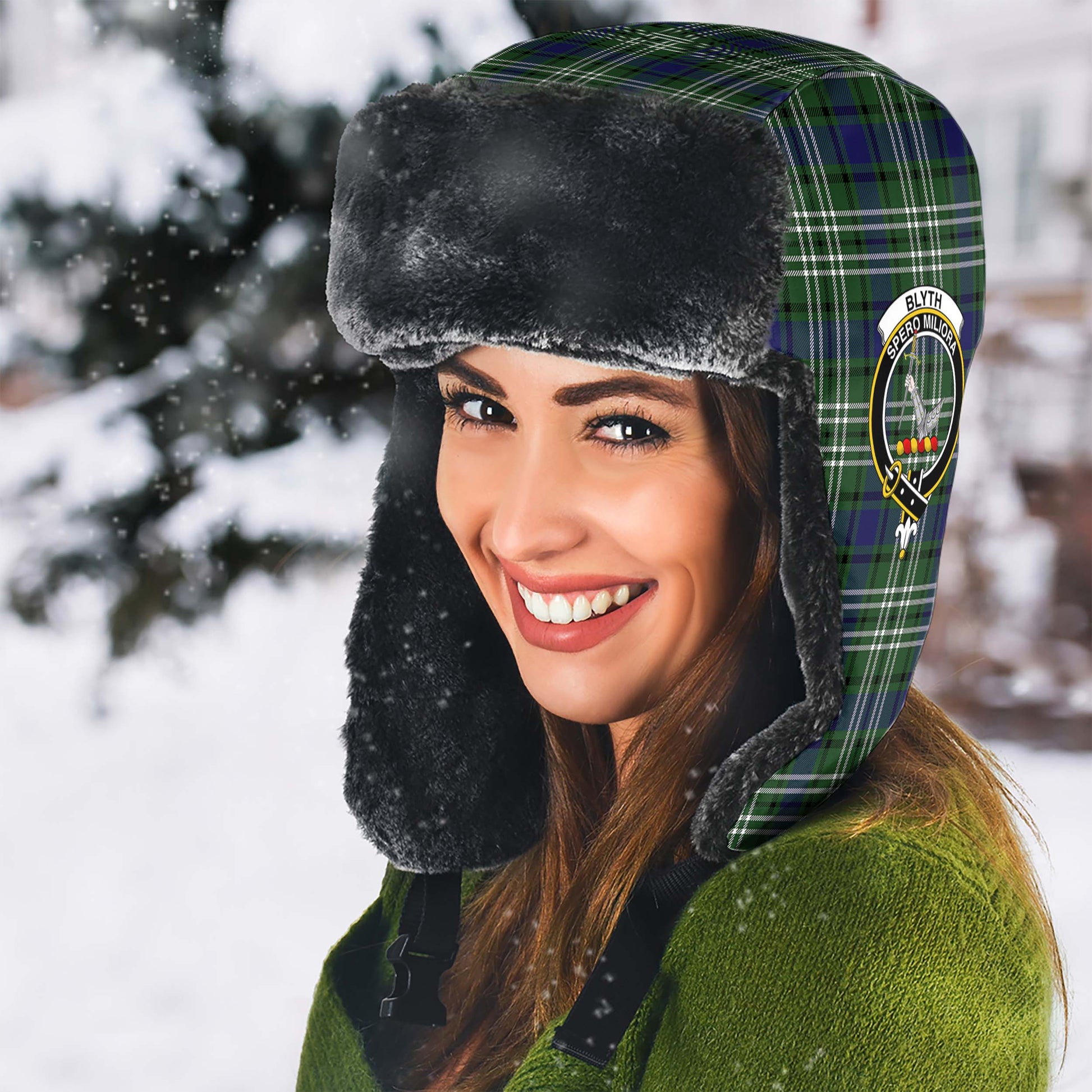 Blyth Tartan Winter Trapper Hat with Family Crest - Tartanvibesclothing