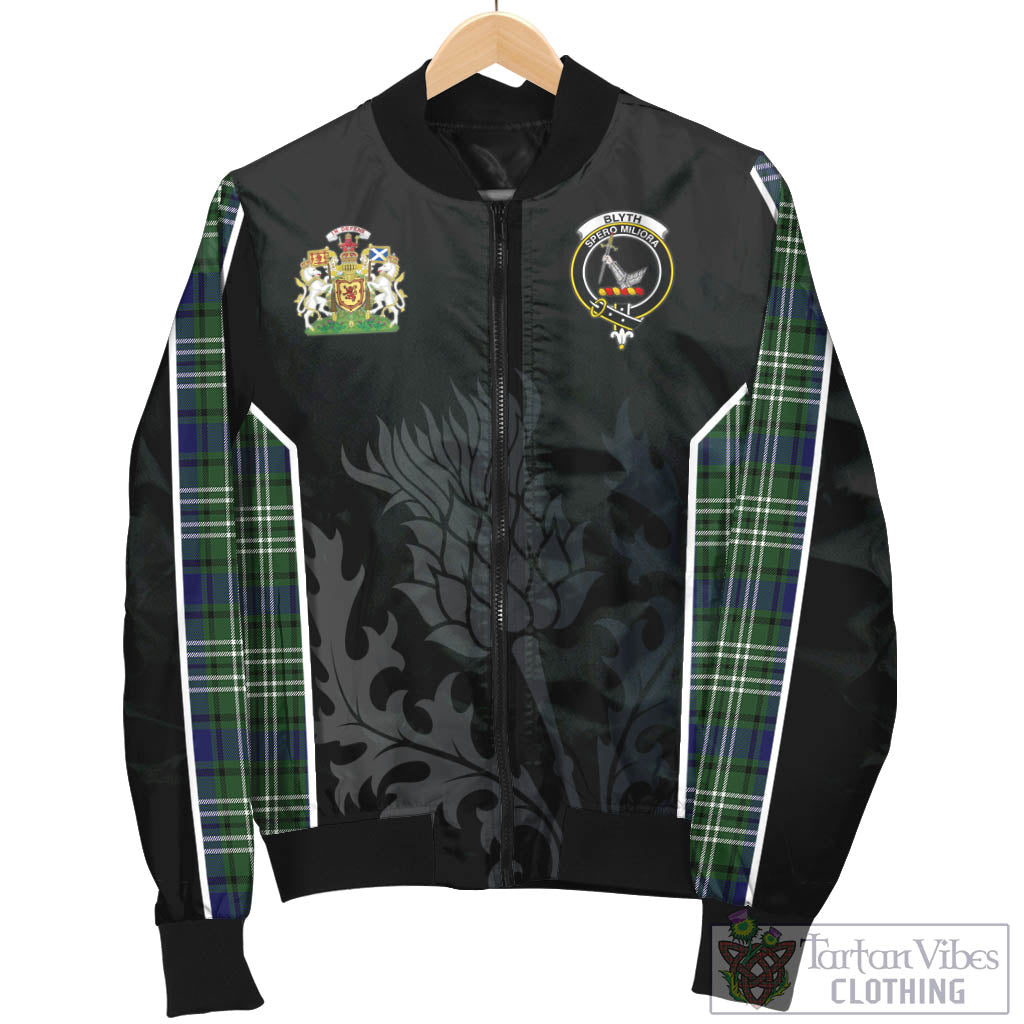 Blyth Tartan Bomber Jacket with Family Crest and Scottish Thistle Vibes Sport Style - Tartan Vibes Clothing