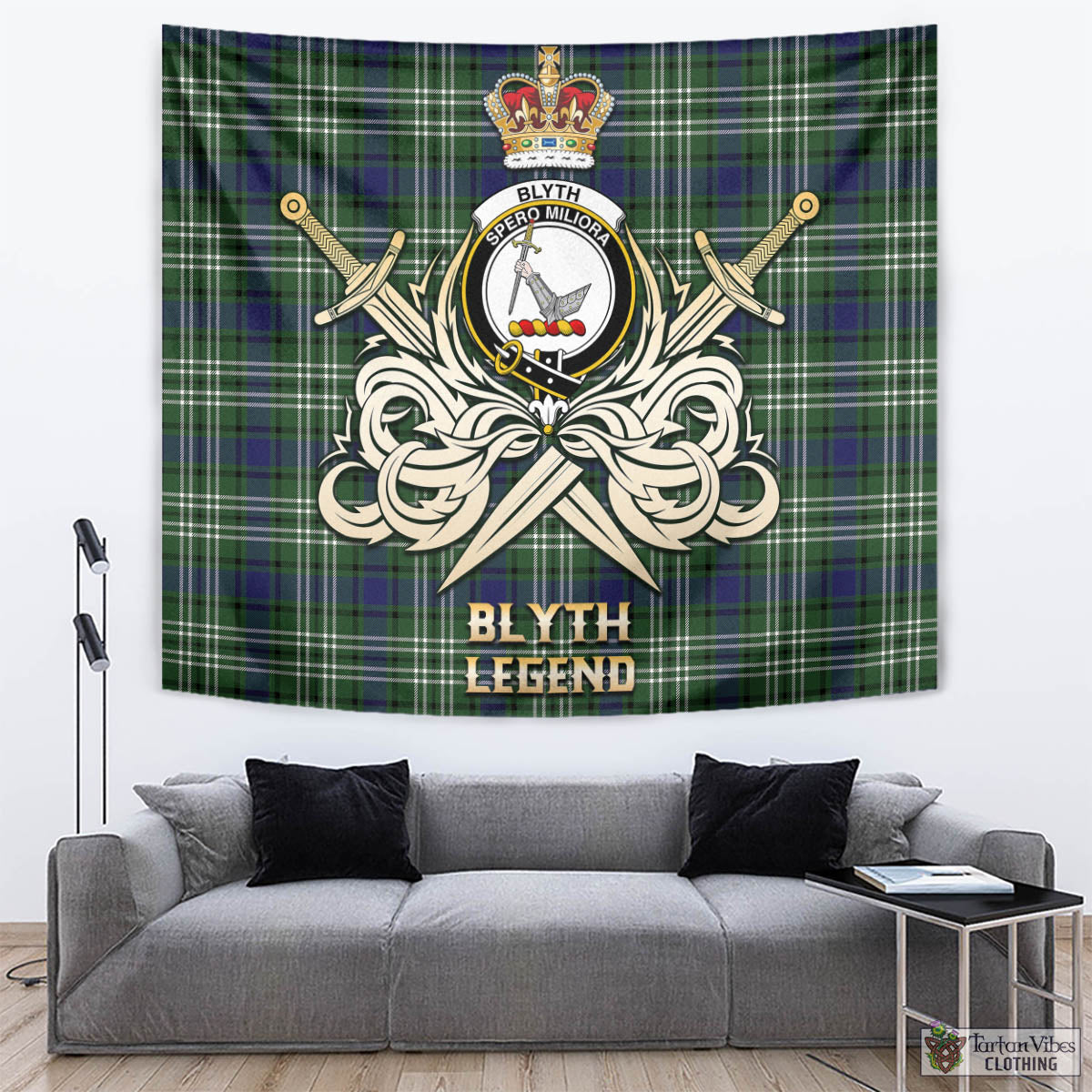 Tartan Vibes Clothing Blyth Tartan Tapestry with Clan Crest and the Golden Sword of Courageous Legacy