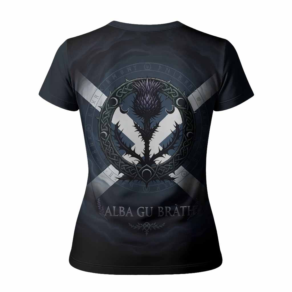 Blyth Clan Crest Women T shirt with Celtic Knot Thistle and Saltire