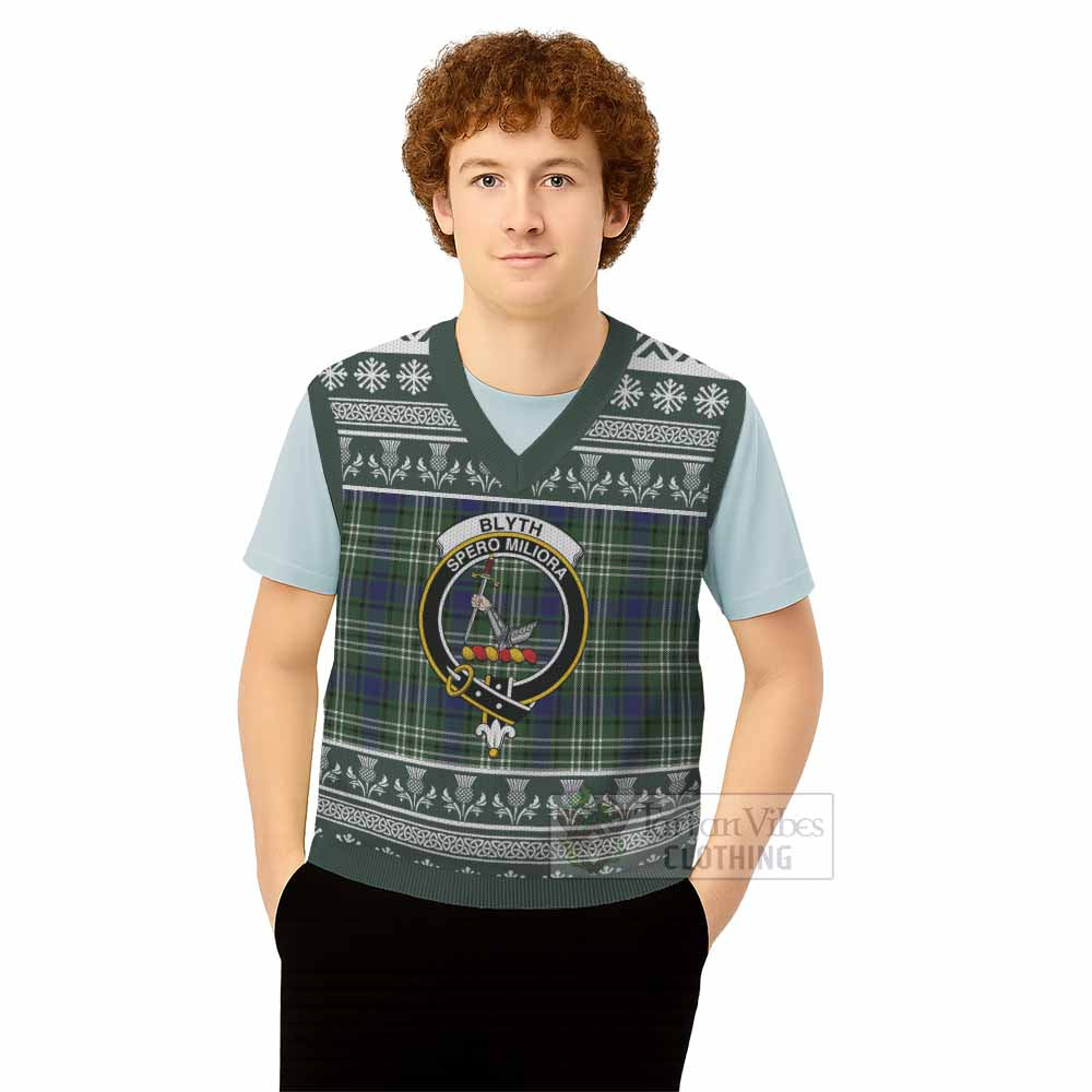 Blyth Clan Tartan Christmas Knitted V-Neck Vest with Family Crest - Tartan Vibes Clothing