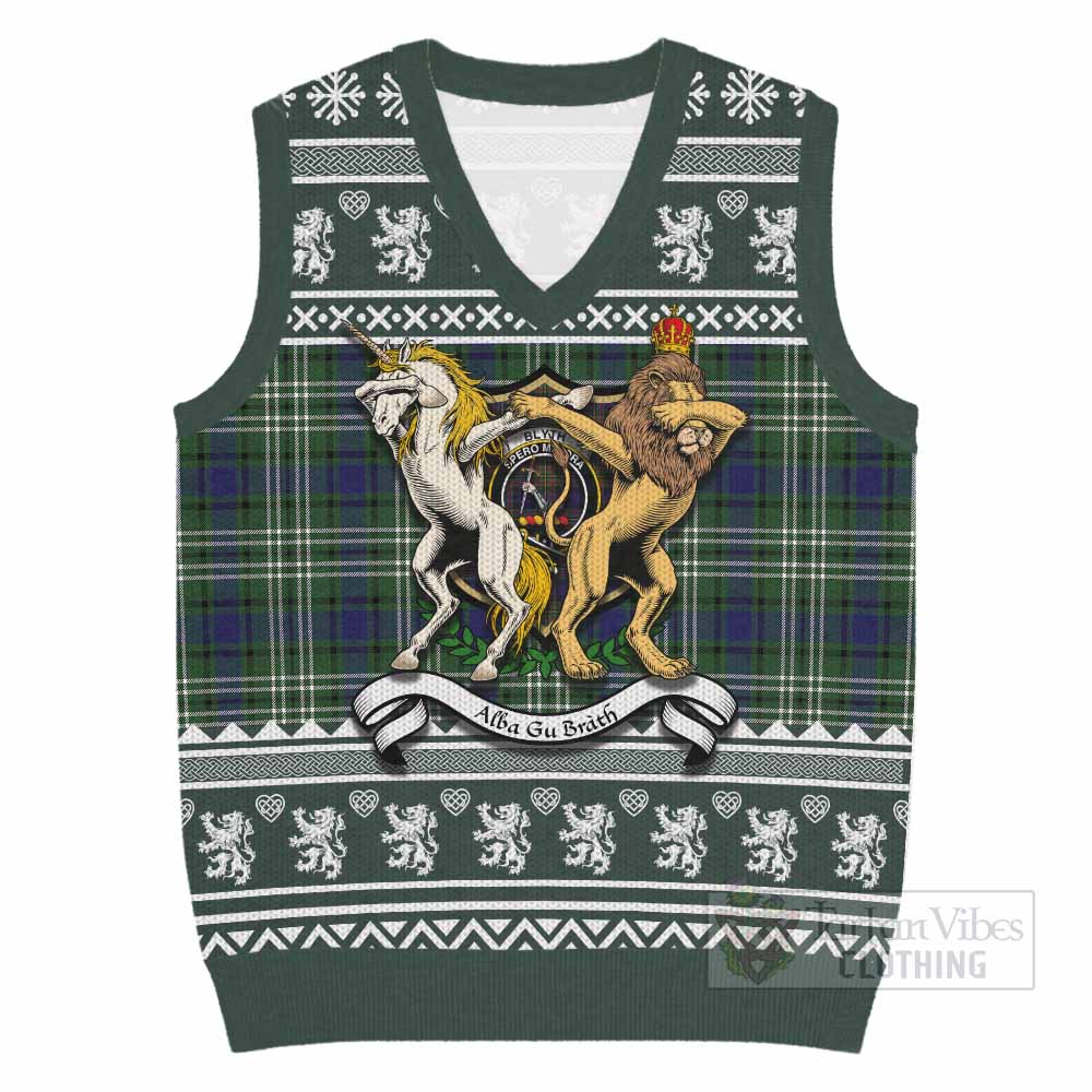 Blyth Clan Tartan Crest Christmas Knitted V-Neck Vest Coat of Arms Funny Style - Tartan Vibes Clothing