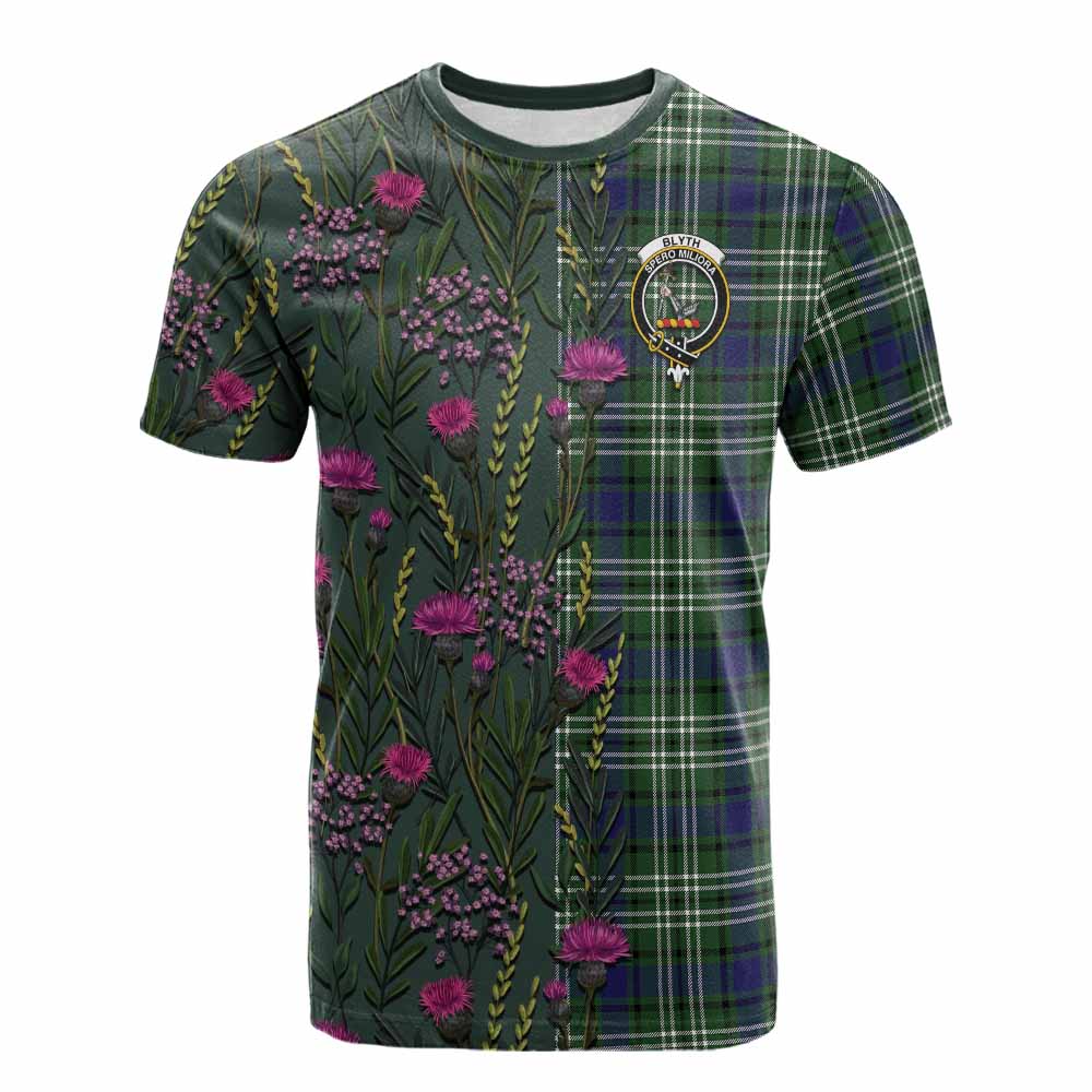 Blyth Family Crest Tartan Cotton T-shirt Scottish Thistle Flower Pattern Half Style - Tartan Vibes Clothing