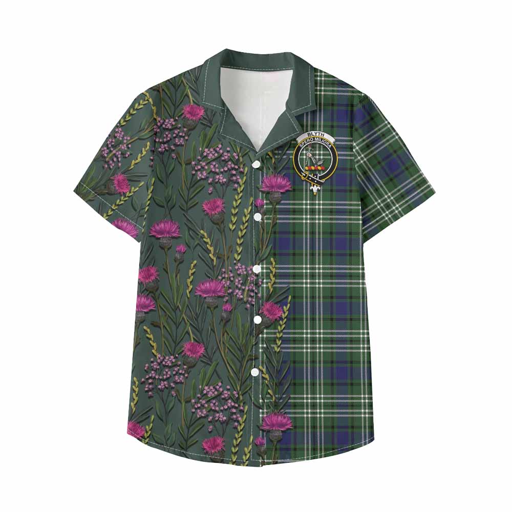 Blyth Family Crest Tartan Kid Hawaiian Shirt Scottish Thistle Flower Pattern Half Style - Tartan Vibes Clothing