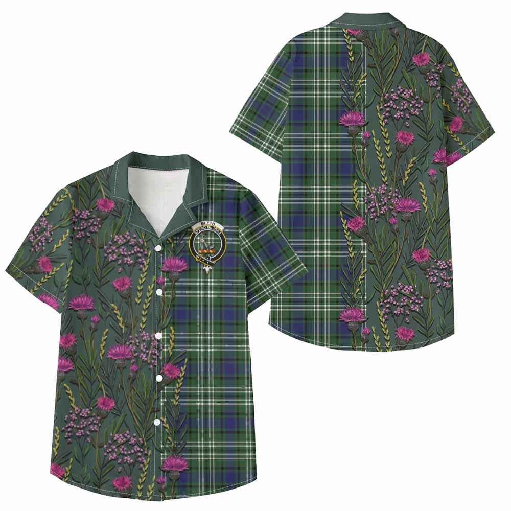 Blyth Family Crest Tartan Kid Hawaiian Shirt Scottish Thistle Flower Pattern Half Style - Tartan Vibes Clothing