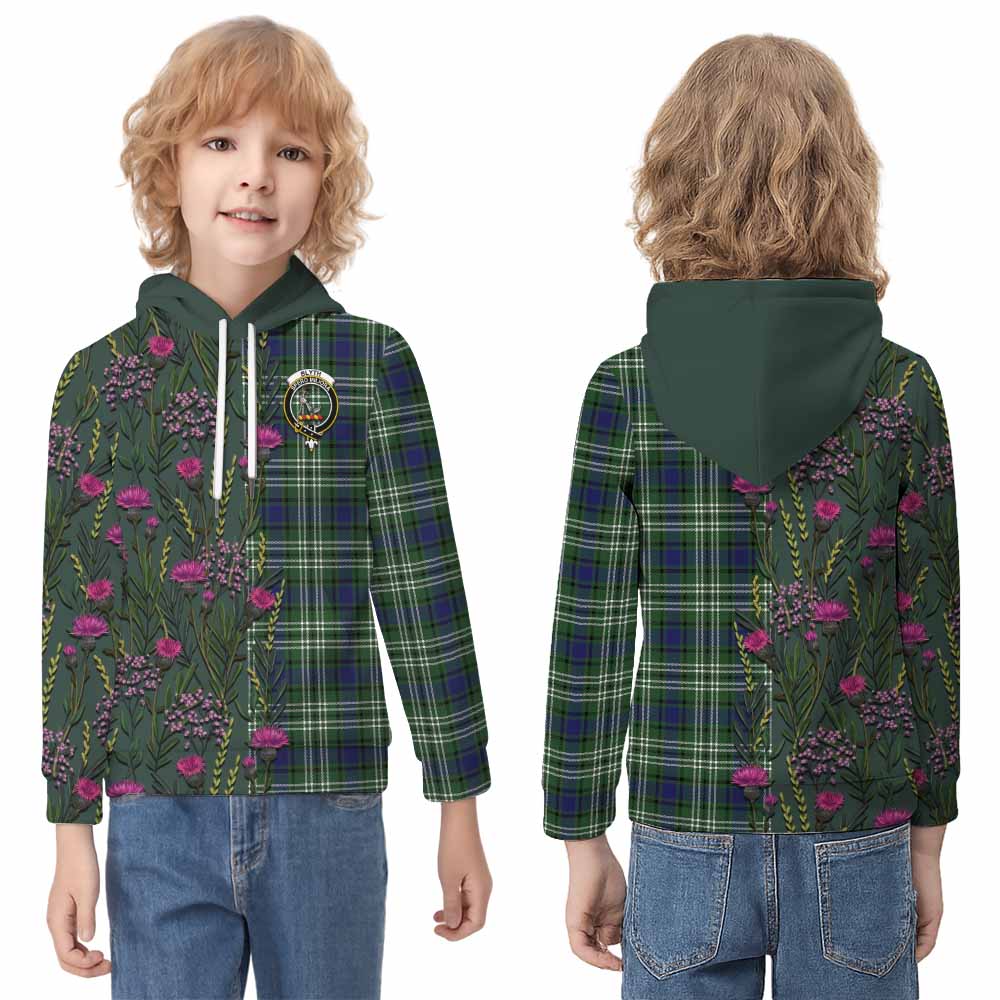 Blyth Family Crest Tartan Kid Hoodie Scottish Thistle Flower Pattern Half Style - Tartan Vibes Clothing