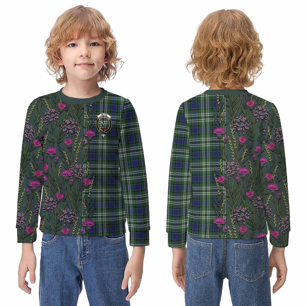 Blyth Family Crest Tartan Kid Knitted Sweatshirt Scottish Thistle Flower Pattern Half Style - Tartan Vibes Clothing