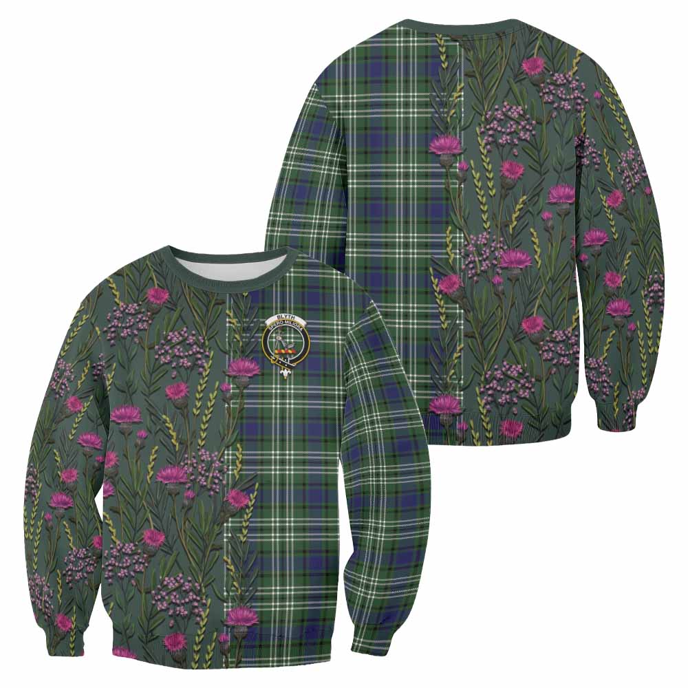 Blyth Family Crest Tartan Sweatshirt Scottish Thistle Flower Pattern Half Style - Tartan Vibes Clothing