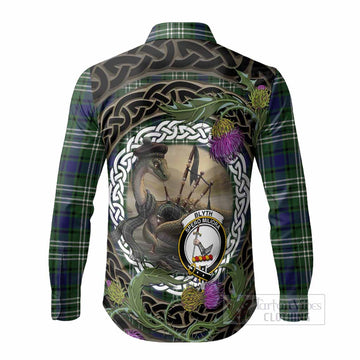 Blyth Tartan Crest Bagpipe Nessie Long Sleeve Button Shirts Scottish Loch Ness Monster Celtic Thistle