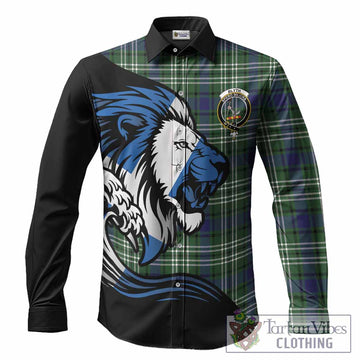 Blyth Tartan Crest Long Sleeve Button Shirts Scottish Golden Lions Wave Flow