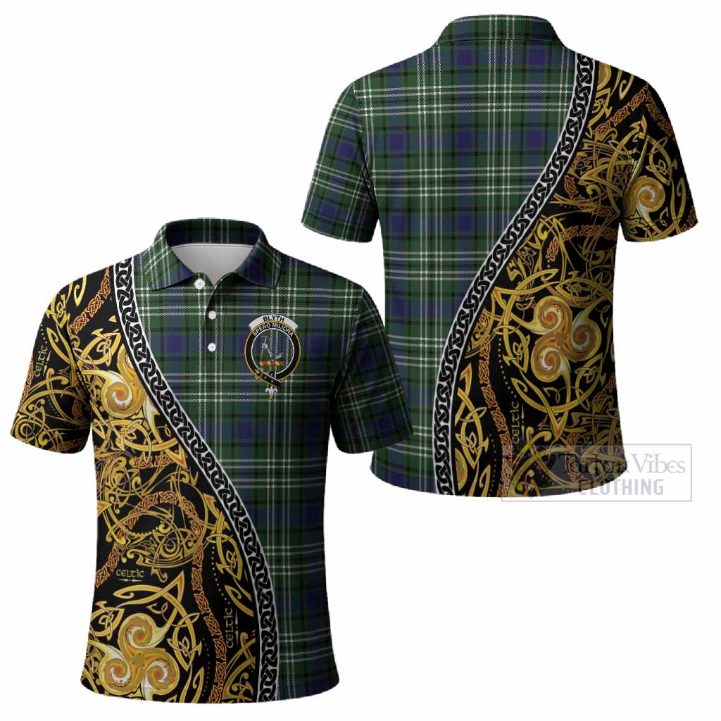 Blyth Tartan Crest Polo Shirt Celtic Knot and Triple Trickle Spiral Symbols