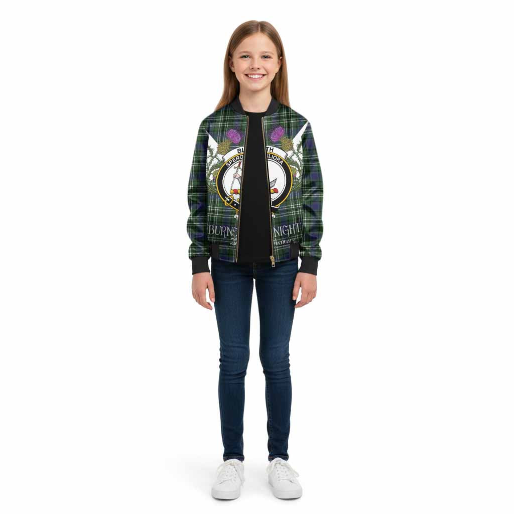 Blyth Tartan Family Crest Kid Bomber Jacket Scottish Burns Night Thistle Floral