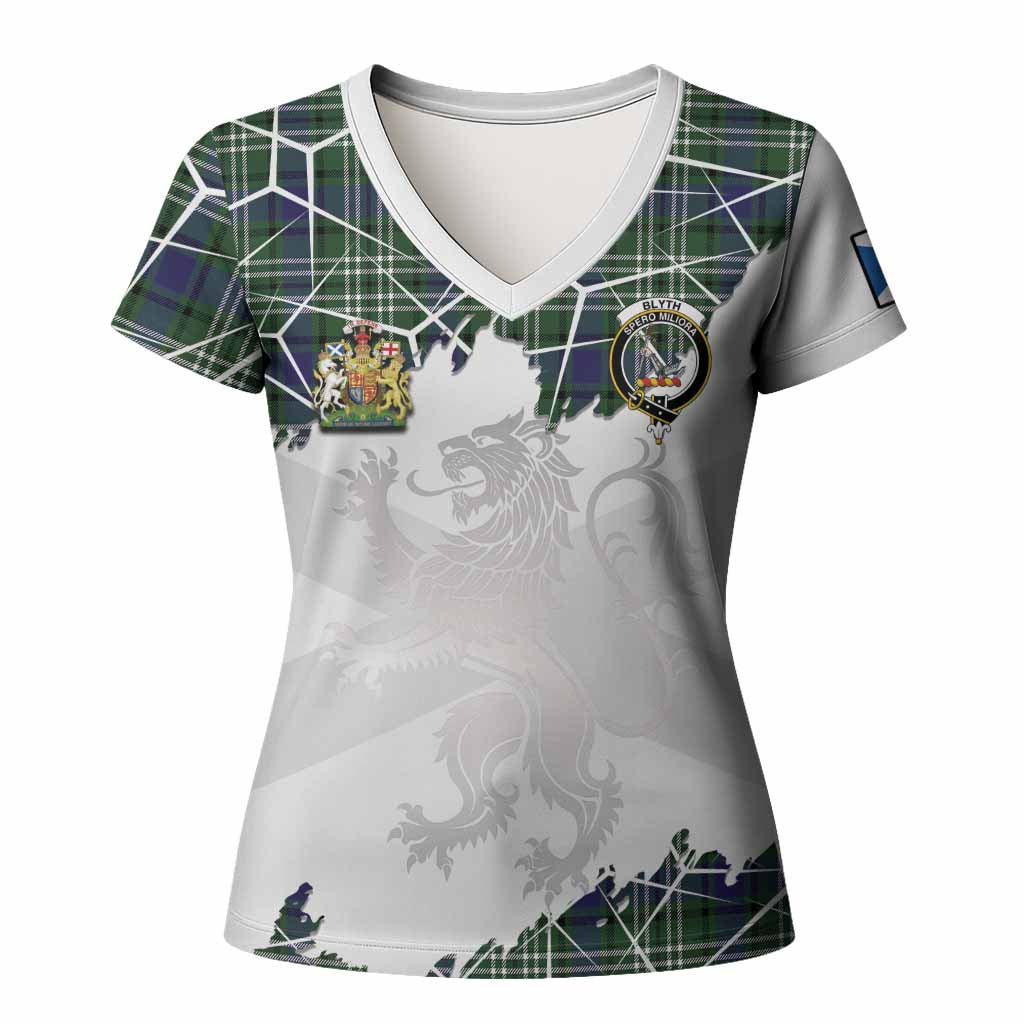 Blyth Tartan Women T shirt with Family Crest and Lion Rampant Grunge Style