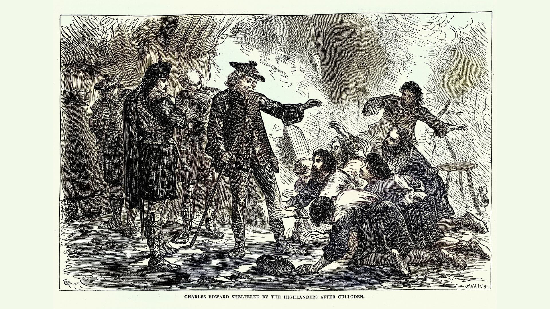 Bonnie Prince Charlie sheltered by Highlanders after the Battle of Culloden in 1746