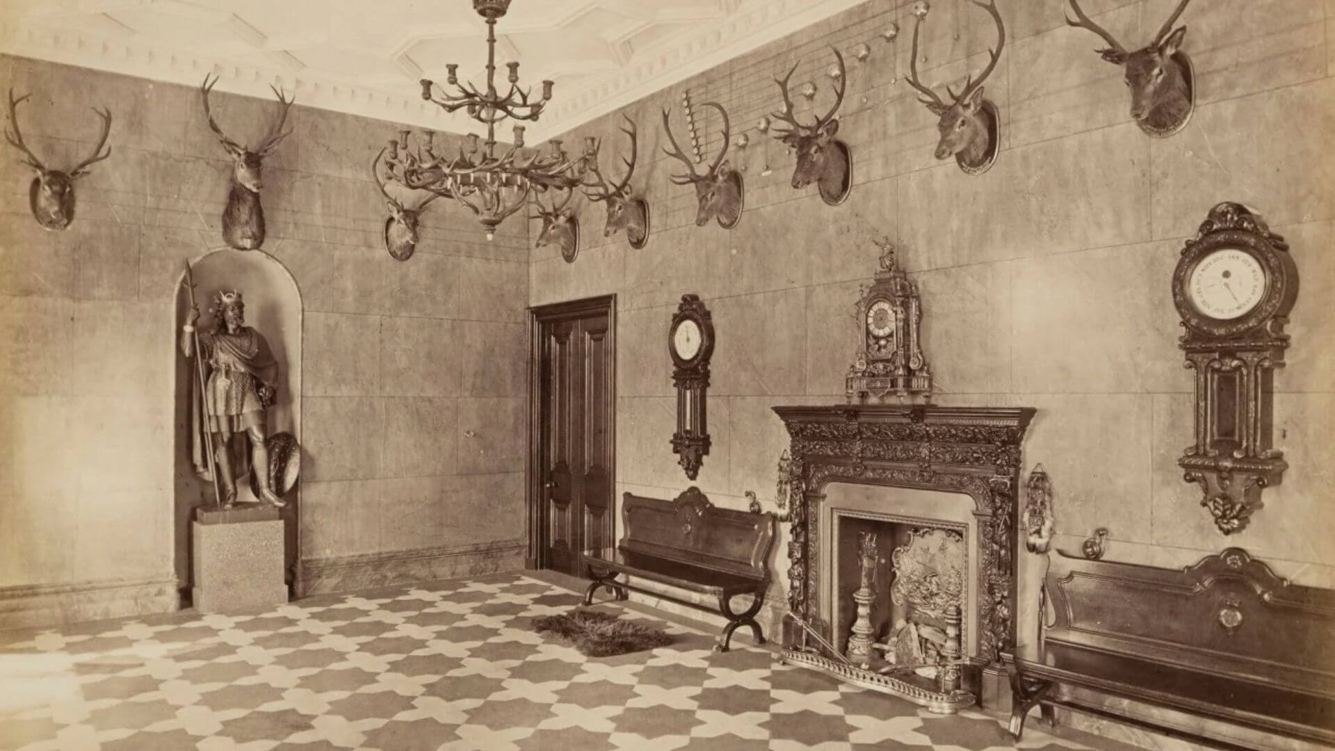 Balmoral Castle interior hunting room Victorian era deer trophies