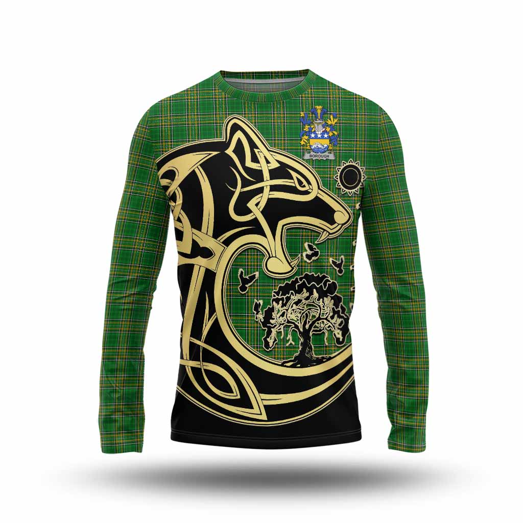 Tartan Vibes Clothing Borough Irish Tartan Long Sleeve T-Shirt with Coat of Arms Celtic Wolf Style