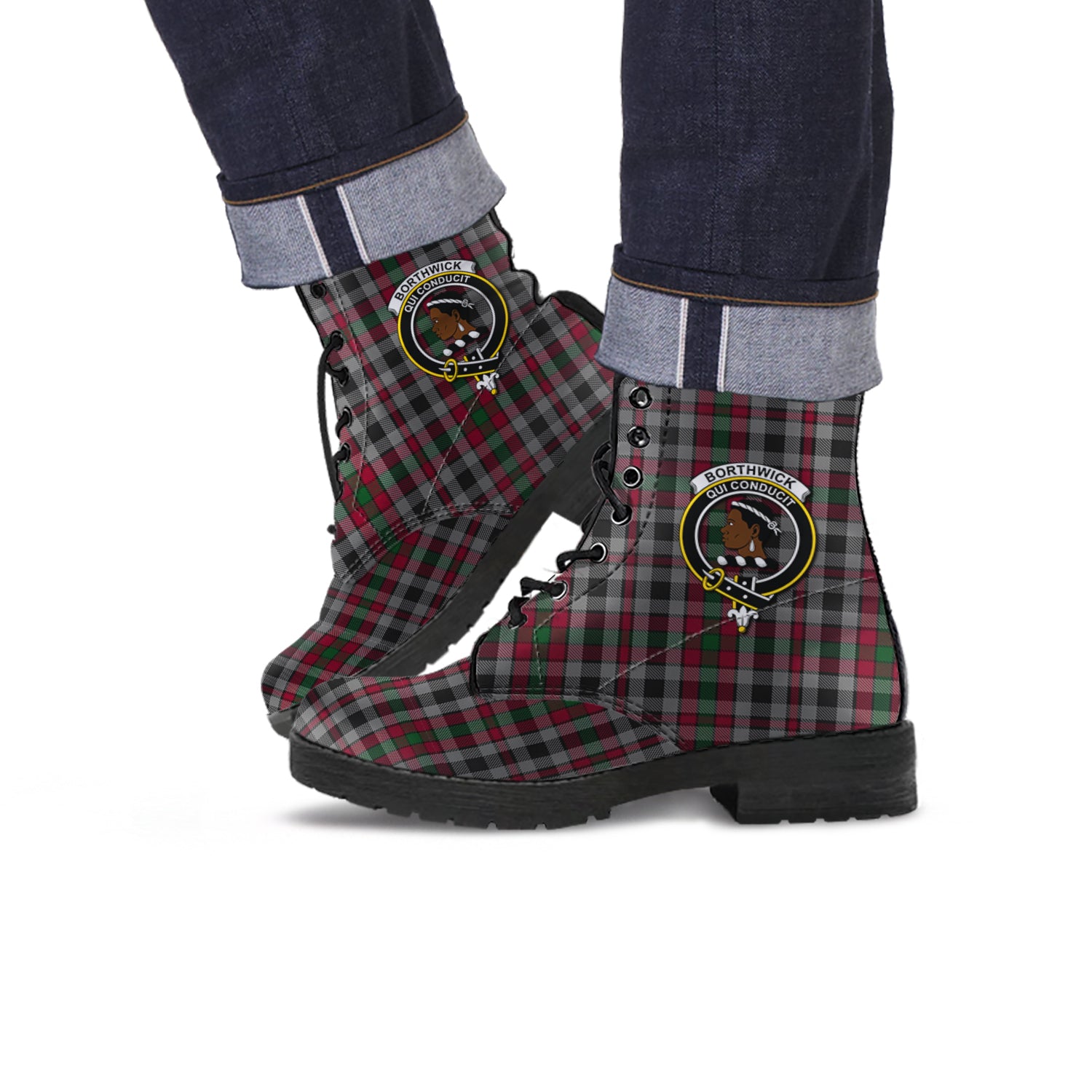 Borthwick Tartan Leather Boots with Family Crest - Tartanvibesclothing