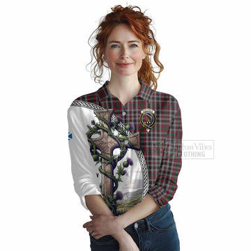 Borthwick Tartan Women's Casual Shirt with Family Crest and St. Andrew's Cross Accented by Thistle Vines Female - Tartan Vibes Clothing