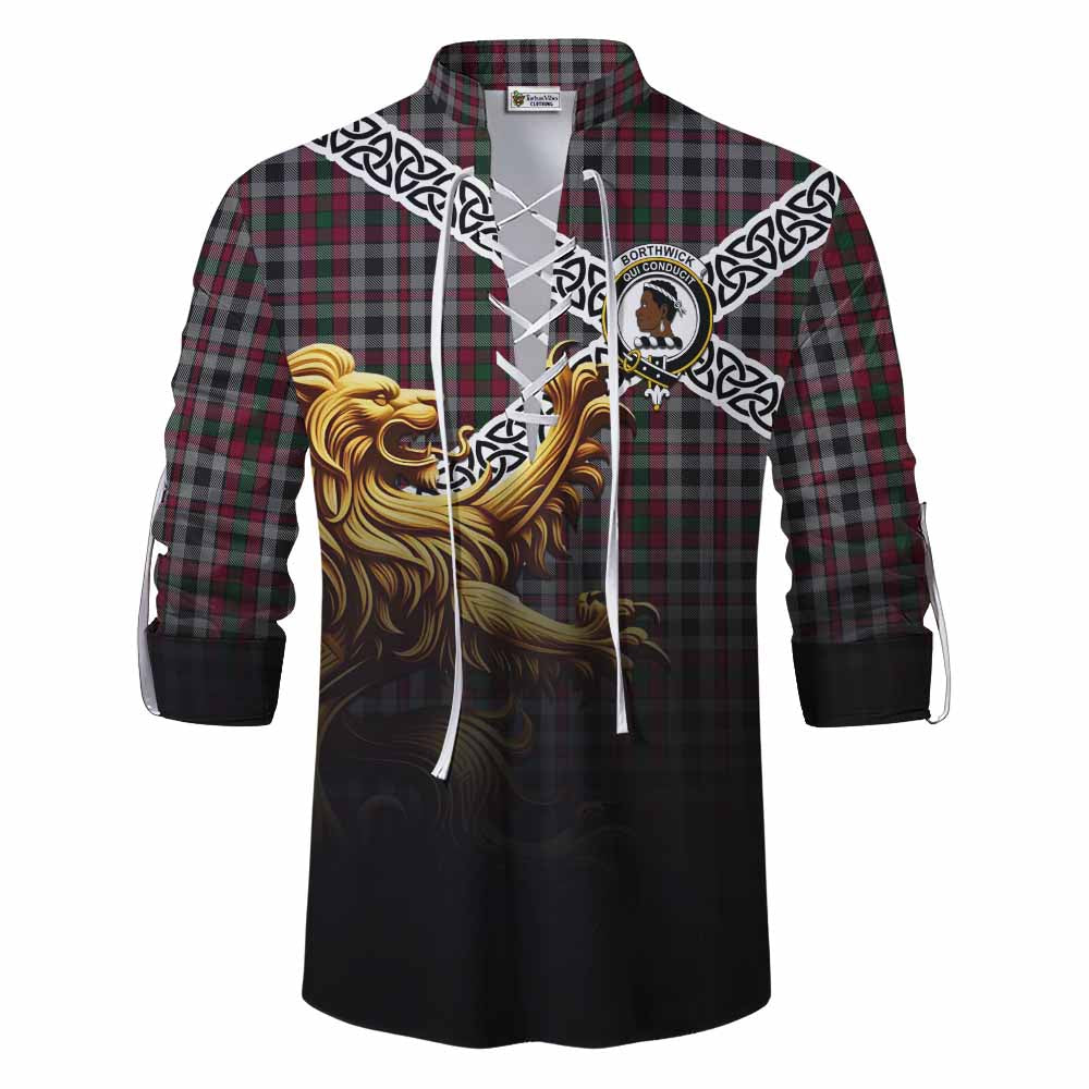 Borthwick Crest Tartan Ghillie Kilt Shirt with Golden Lion Emblem Celtic Style Men - Tartan Vibes Clothing
